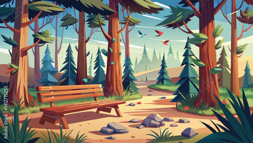 Rustic benches under tall pine trees, surrounded by fallen needles and birdsong