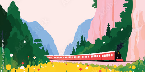 A whimsical, stylized illustration features a classic train journeying through a picturesque mountain landscape, evoking a sense of adventure and travel.