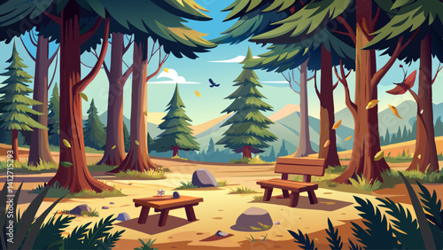 Rustic benches under tall pine trees, surrounded by fallen needles and birdsong