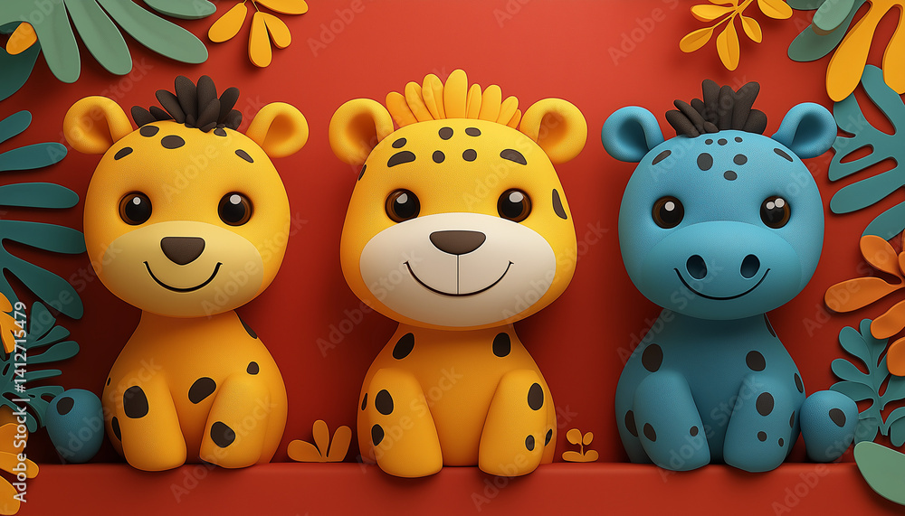 Naklejka premium Adorable Cartoon Safari Animals: Cheetah, Lion, and Hippo on Red Background