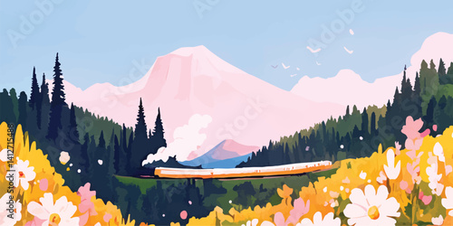 A train traversing a lush, vibrant landscape of the mountains, the sky is clear, the flowers are blooming with a refreshing atmosphere, inviting viewers to embark on a journey.