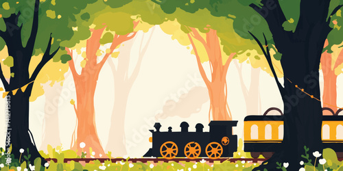 An idyllic scene of a charming steam train traversing a whimsical forest, conjuring a sense of nostalgia and adventure through lush flora and towering trees.