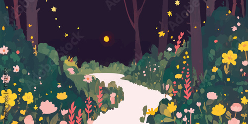 A mystical forest path illuminated by glowing fireflies winds through lush vegetation under a glowing full moon, creating an enchanting dreamscape. 