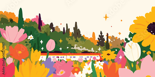 A vibrant illustration of a train journey through a colorful floral landscape, capturing the essence of travel, exploration, and the beauty of nature.