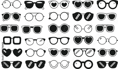 Silhouette vector set of sunglasses fashion eyewear icons, trendy shades collection, summer accessory designs, classic and modern styles