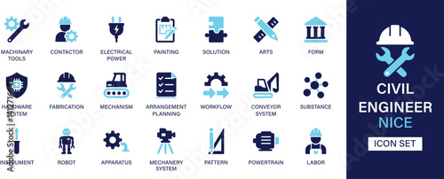 Civil Engineer icon set collection. Machinery tools, contactor, electrical power, painting, solution, arts, form, hardware system, fabrication and best solid icon set.