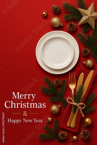 Holiday Table Setting With Festive Decor and Greeting for Christmas and New Y...