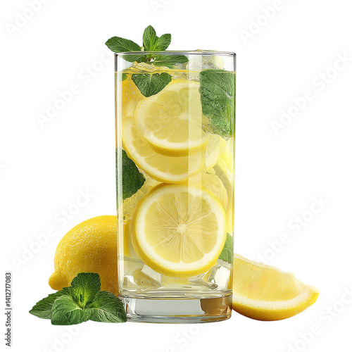 Lemonade in glass with sliced lemon and mint, isolated PNG format, transparent background, high-resolution, suitable for stock image use --v 7.0