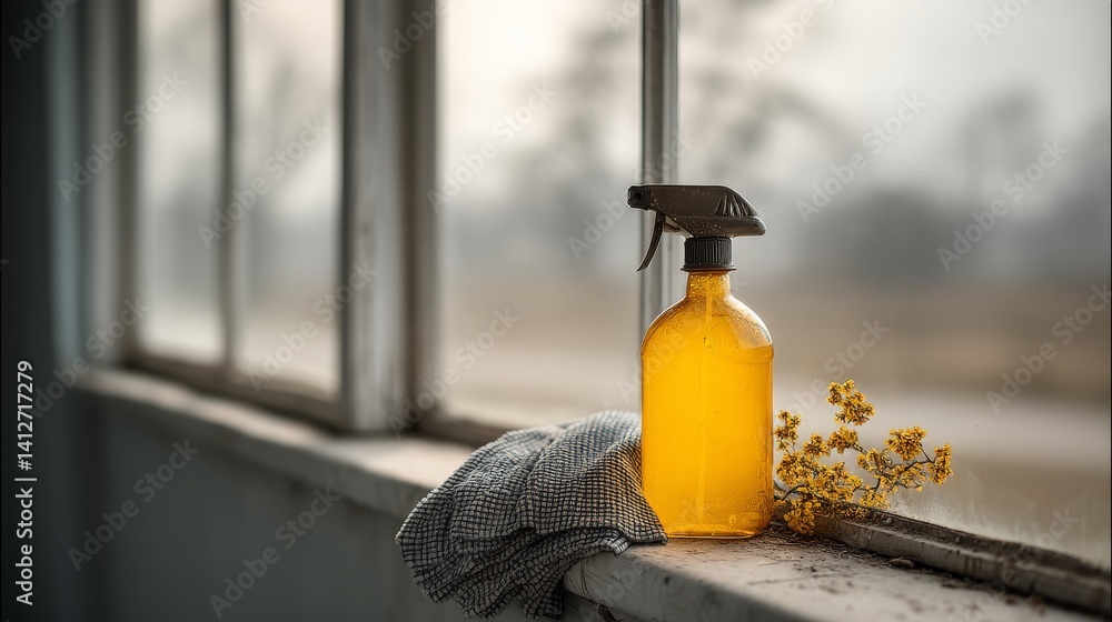 Natural cleaning spray on vintage windowsill with flowers for eco-friendly household and lifestyle brands