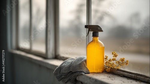Obraz na płótnie Natural cleaning spray on vintage windowsill with flowers for eco-friendly household and lifestyle brands w salonie