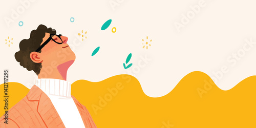A contented individual takes a deep breath, embracing a sense of peace and serenity, with closed eyes and uplifted face. The illustration, bathed in warm tones and natural elements.