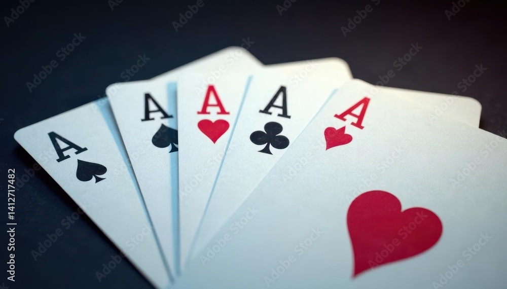 Four aces fanned out, showcasing the card backs and faces , playing card, close-up Four aces fanned out, showcasing the card backs and faces , playing card, close-up