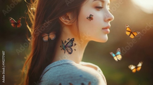 Ephemeral Beauty: A woman with delicate features, adorned with butterfly-themed body art, finds serenity in the presence of floating butterflies, her eyes gently closed, as if one with nature