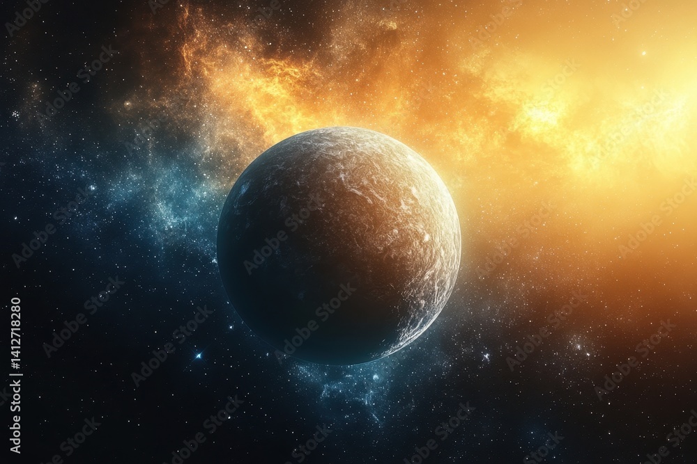 Obraz premium Vibrant cosmic landscape showing a planet surrounded by colorful celestial phenomena