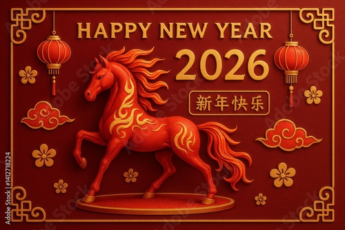 Celebration of Lunar New Year With a Vibrant Red Horse Model for 2026 Festivi...