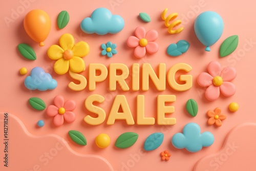 Colorful Spring Sale Announcement With Playful Decorations on a Pastel Backgr...