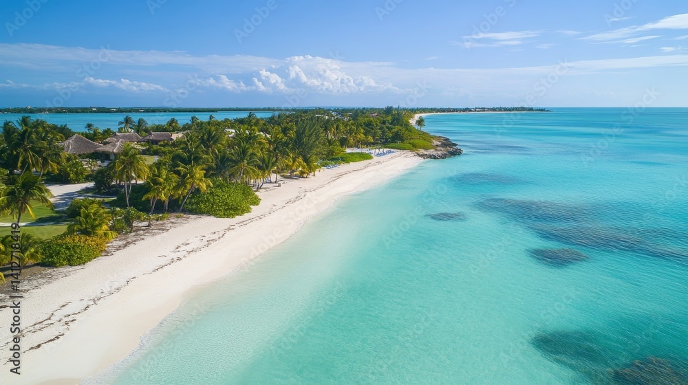 Fototapeta premium Serene Tropical Beach Scene: White Sand Coastline, Turquoise Water, Palm Trees, Vacation Paradise