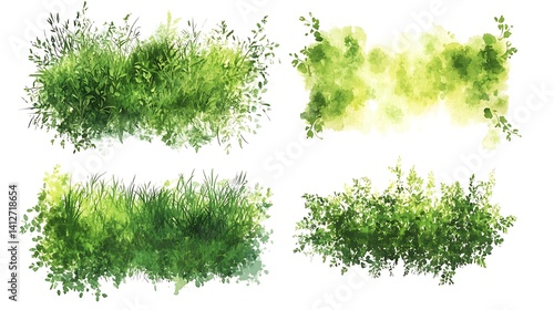 Lush green watercolor leaves botanical illustration perfect top view landscape design layout image