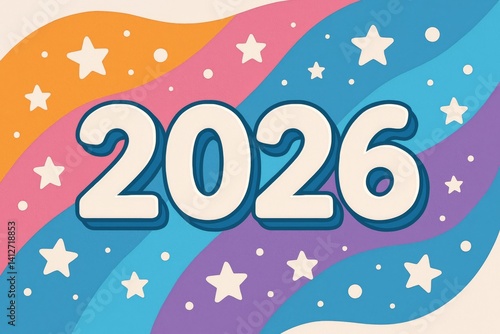 Colorful Design Featuring the Year 2026 With Stars and Vibrant Waves