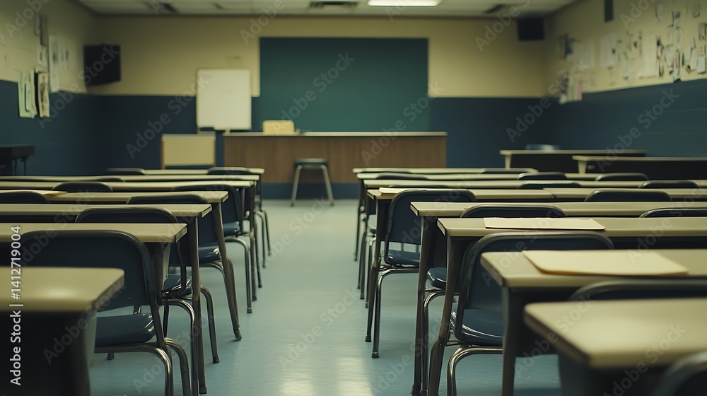 Empty Modern Classroom In the School Interior, Back to School Concept Book, Chair, table 3D Render. Empty Modern Classroom In the School Interior, Back to School Concept Book, Chair, table 3D Render.