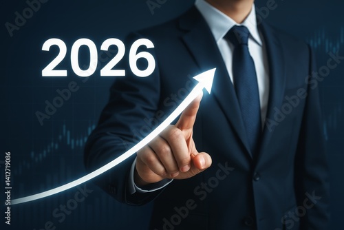 Businessman Pointing at Increasing Growth Graph for the Year 2026