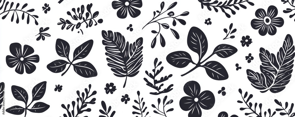 Monochrome floral pattern featuring black and white repeating flowers and leaves on textiles Monochrome floral pattern featuring black and white repeating flowers and leaves on textiles