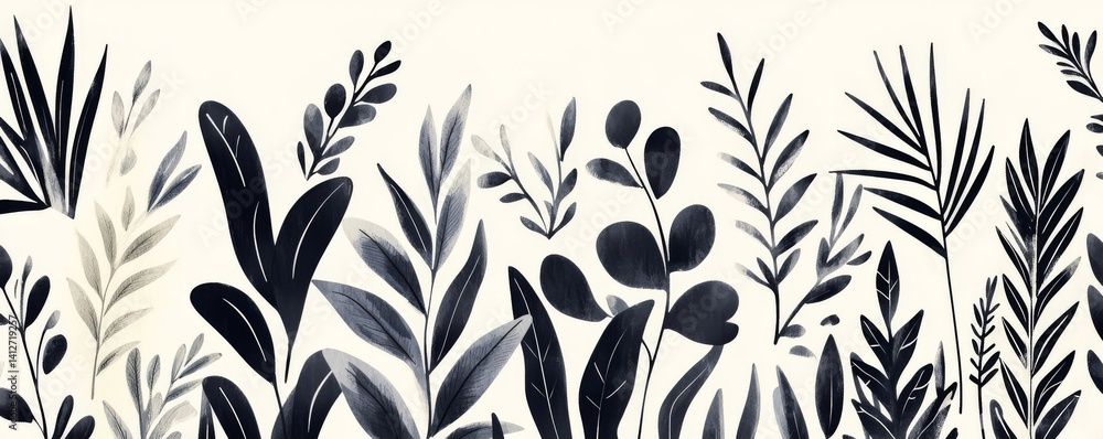 Textile pattern featuring a monochrome black and white repeating design of flowers and leaves Textile pattern featuring a monochrome black and white repeating design of flowers and leaves