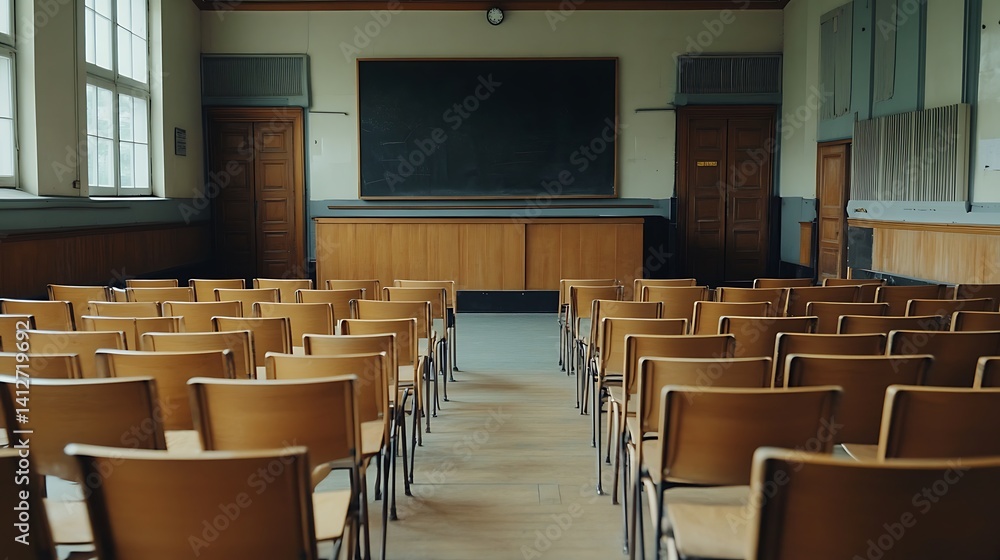 Empty Modern Classroom In the School Interior, Back to School Concept Book, Chair, table 3D Render. Empty Modern Classroom In the School Interior, Back to School Concept Book, Chair, table 3D Render.