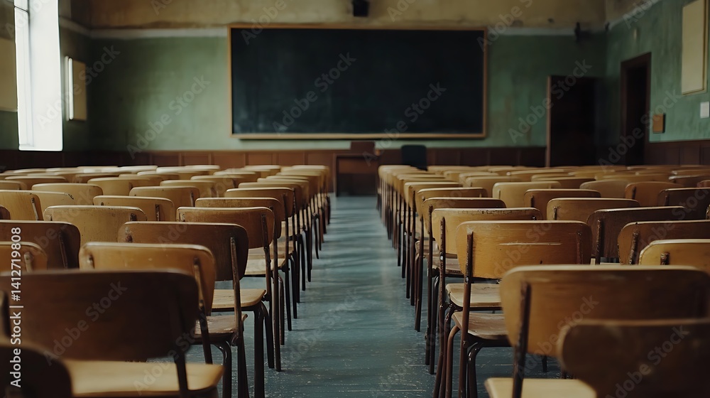 Empty Modern Classroom In the School Interior, Back to School Concept Book, Chair, table 3D Render. Empty Modern Classroom In the School Interior, Back to School Concept Book, Chair, table 3D Render.