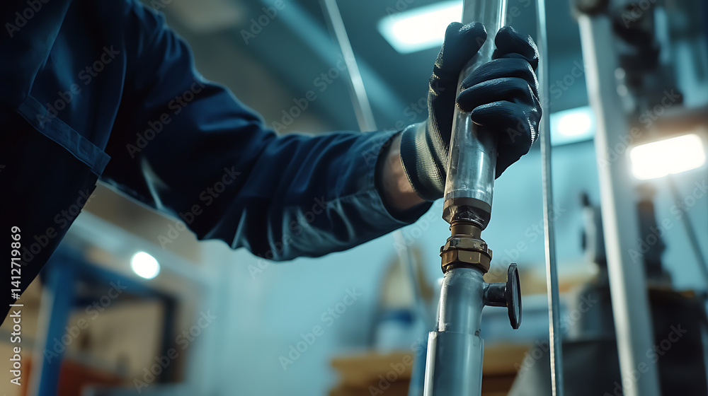 Obraz premium Plumber sealing a pipe joint in a commercial building. Precision and care