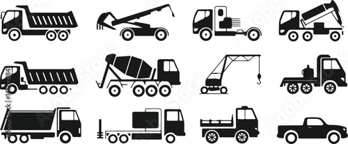 Construction trucks vector icons set dump truck, cement mixer, crane, pickup, trailer, heavy equipment for industrial transport