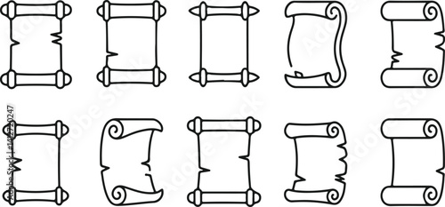 Collection of ancient scroll illustrations minimal black outline vector set, vintage parchment, historical document and manuscript icons