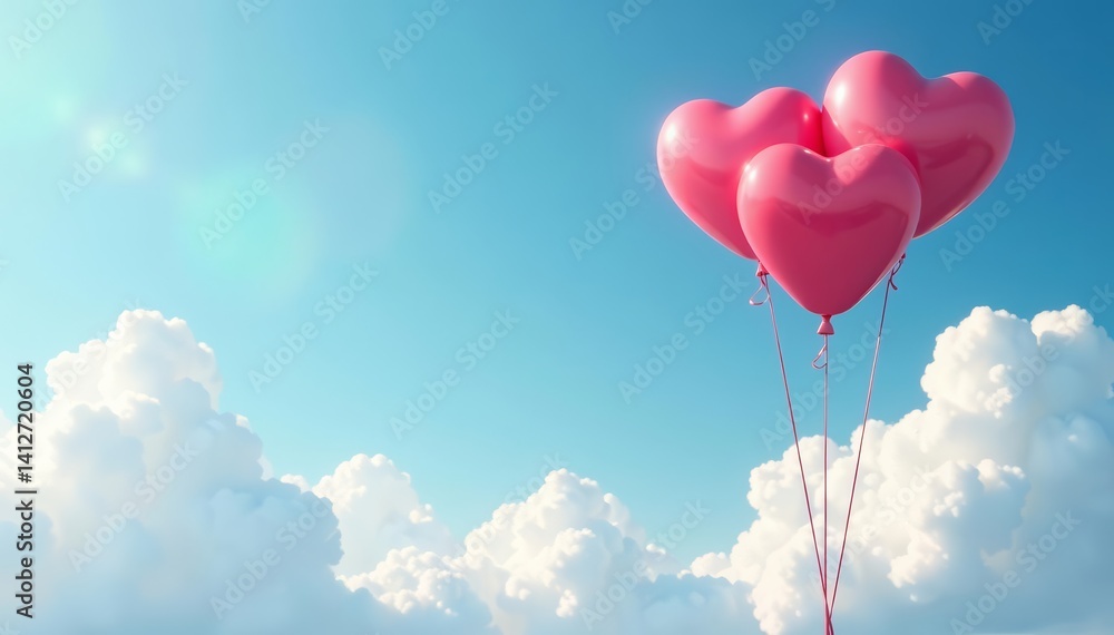 Illustration of heart shaped balloons floating in the sky with fluffy white clouds, happy, holiday, cheerful Illustration of heart shaped balloons floating in the sky with fluffy white clouds, happy, holiday, cheerful