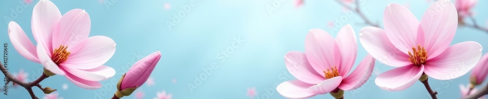 Obraz premium Illustration of pink magnolia flowers on a pastel blue background, petals, decorative