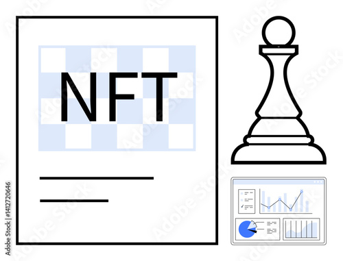 NFT text on certificate, chess pawn representing strategy, and analytics graph on screen. Ideal for blockchain, cryptocurrency, strategy, analytics, digital ownership, innovation simple landing page