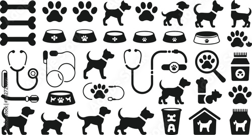 Silhouette pet icon set silhouette dog bones, paw prints, food bowls, collars, vet tools like stethoscopes, magnifying glass, pet care symbols