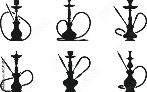 Silhouette vector icons of hookahs traditional water pipes, shisha smoking devices, middle eastern cultural symbols, minimal black set