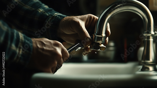 Wallpaper Mural Plumber tightening a faucet with a wrench. Featuring plumbing work and maintenance Torontodigital.ca