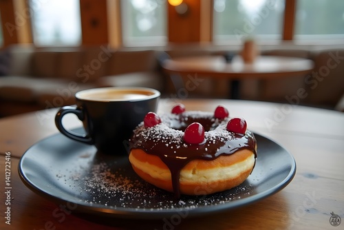 Chocolate and Cherry Glazed Donut with Espresso in a Cozy Mountain Cabin