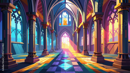 A large, empty cathedral with a bright sun shining through the stained glass windows. The light casts a warm glow on the stone pillars and the colorful mosaic floor. Concept of peace and serenity