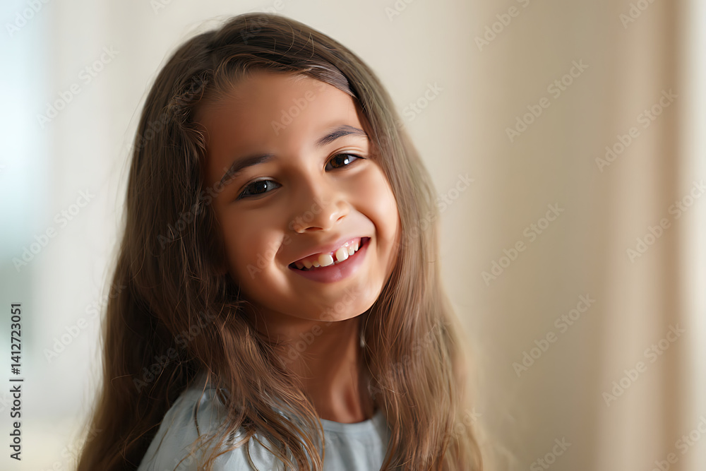 Radiant smile of a young girl with flowing hair, embodying happiness and purity in a soft, natural indoor atmosphere of warmth and comfort. Radiant smile of a young girl with flowing hair, embodying happiness and purity in a soft, natural indoor atmosphere of warmth and comfort.