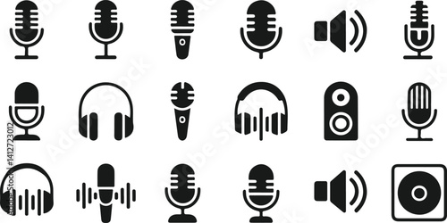 Silhouette vector icons of podcast microphones audio recording equipment, studio mic symbols, broadcasting tools