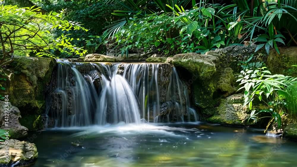 Serene Waterfall in Lush Tropical Garden Serene Waterfall in Lush Tropical Garden