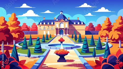 A painting of a large building with a fountain in front of it. The building is surrounded by trees and bushes, and the sky is blue with some clouds. The painting has a peaceful and serene mood