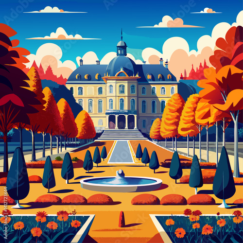 A painting of a large building with a fountain in front of it. The building is surrounded by trees and bushes, and the sky is blue with some clouds. The painting has a peaceful and serene mood