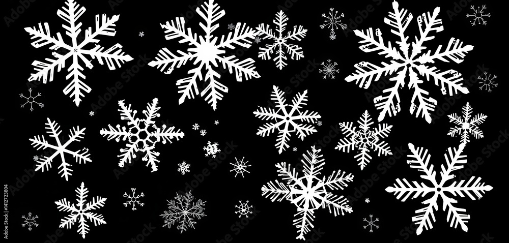Intricate vector snowflakes, diverse shapes & sizes, isolated on black Ideal for winter designs, digital art, ornate Intricate vector snowflakes, diverse shapes & sizes, isolated on black Ideal for winter designs, digital art, ornate
