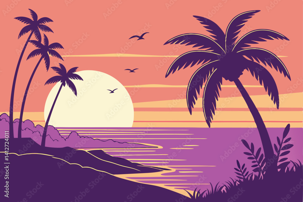 Obraz premium 16 Tropical sunset, vibrant color palette, silhouetted palm trees, large sun on horizon, gradient sky, purple to orange, calm ocean reflections, tropical island landscape, vector art style, smooth gra