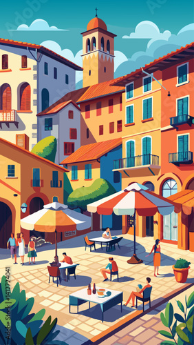 A colorful city scene with people sitting at tables and chairs. Scene is lively and inviting