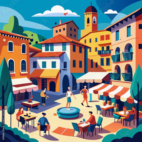 A colorful city scene with people sitting at tables and chairs. Scene is lively and inviting
