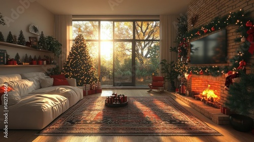 Cozy Christmas living room with sunlight streaming through large windows